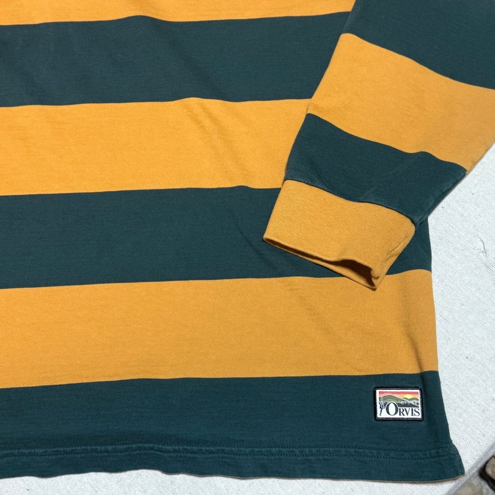 Orvis Mens XXL Rugby Shirt Long Sleeve Striped Green Yellow Cotton Polo Top - Picture 2 of 6